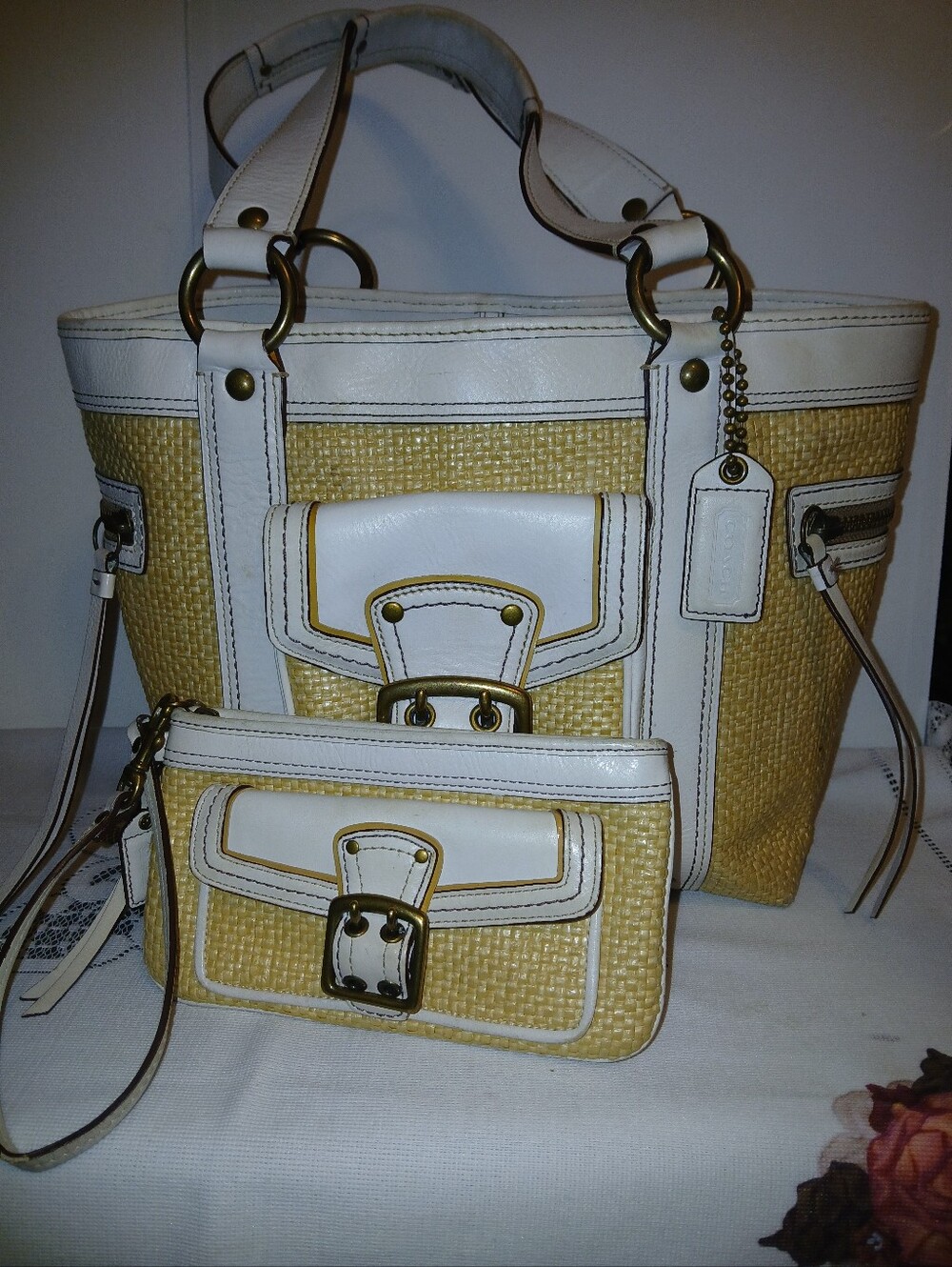 Coach Vintage 2005 Straw Woven Tote with Wristlet White Leather Trim